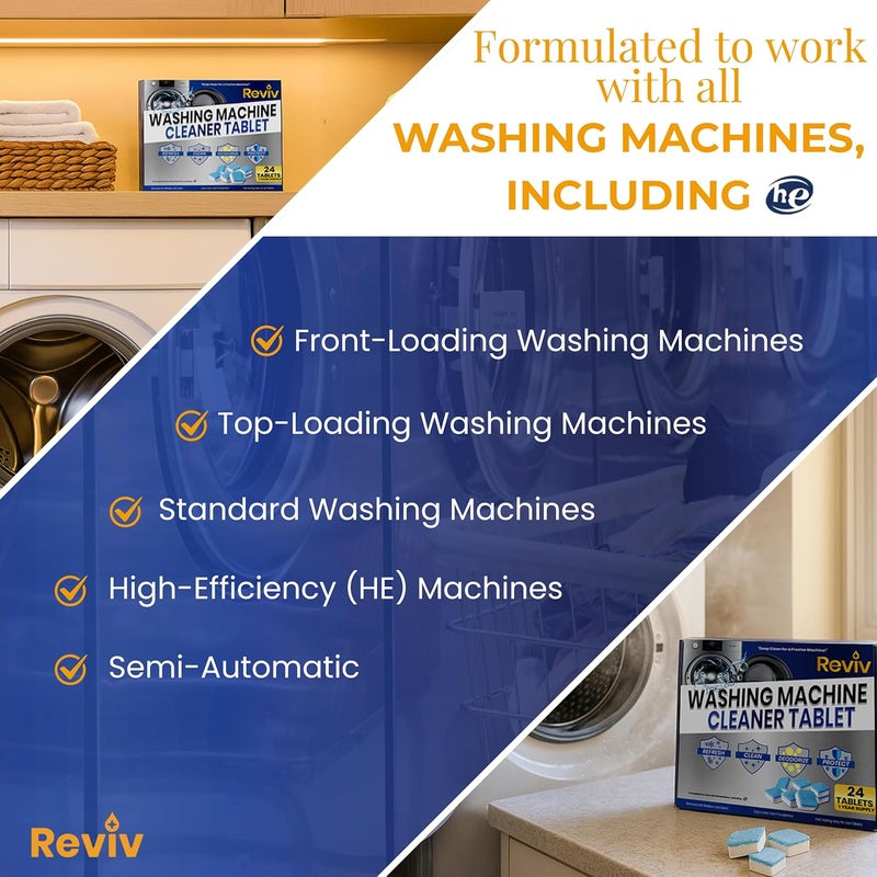 REVIV Washing Machine Cleaner Tablets – 24 Count, 12-Month Supply – Deep Cleaning & Odor-Removing Tablets for Front Load, Top Load & HE Washers – Biodegradable, Septic-Safe, Non-Toxic Descaler - Image 3